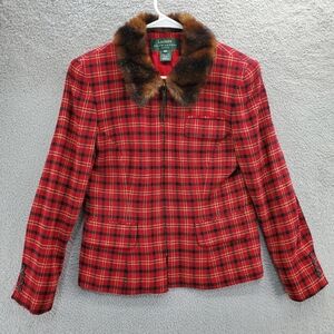 Vintage Lauren Ralph Lauren Jacket Size 10P Red Plaid Wool Faux Fur Collar